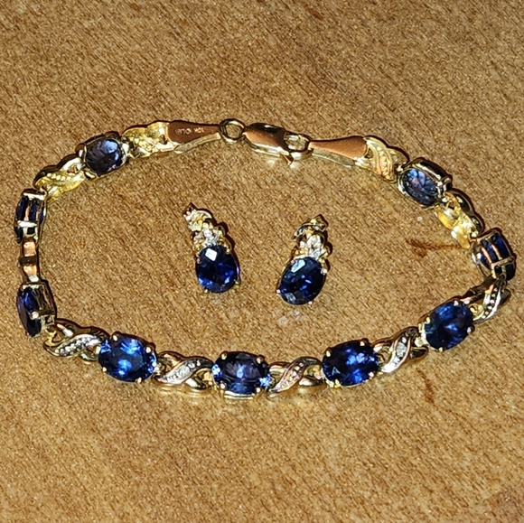 LGL Jewelry - Vintage LGL 10K Gold Bracelet and Earrings w/ Blue Tanzanite or Sapphires